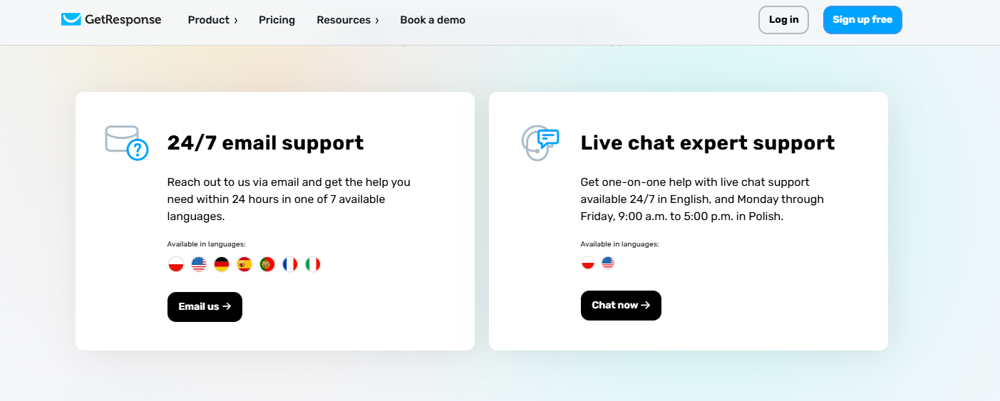 GetResponse customer support services featuring 24/7 email support and live chat with experts